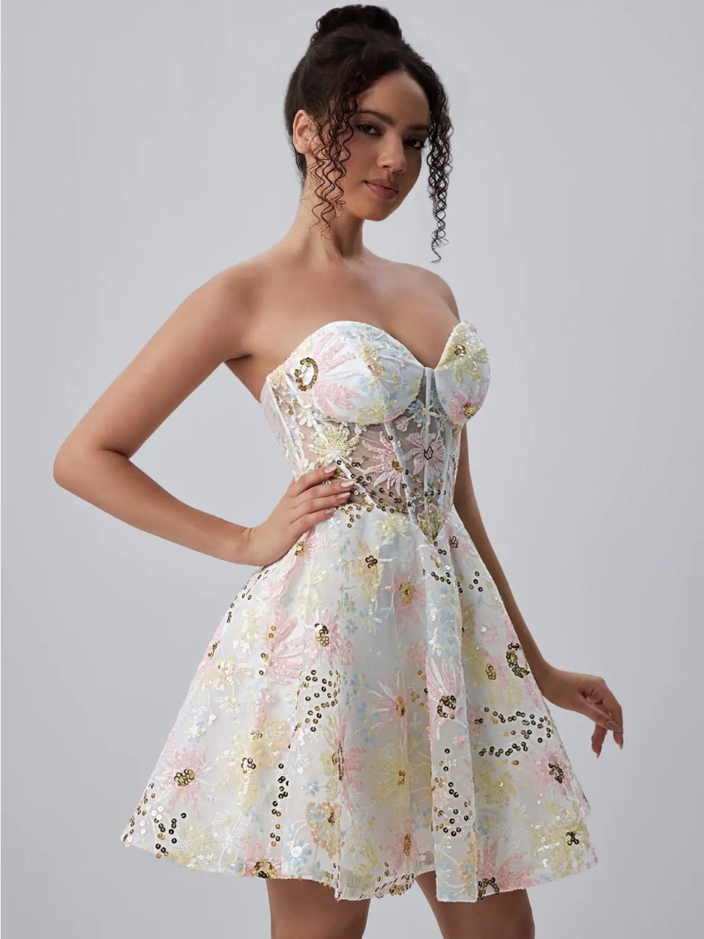 Couture Lee Strapless Floral Sequin Corset Skater Mini Dress